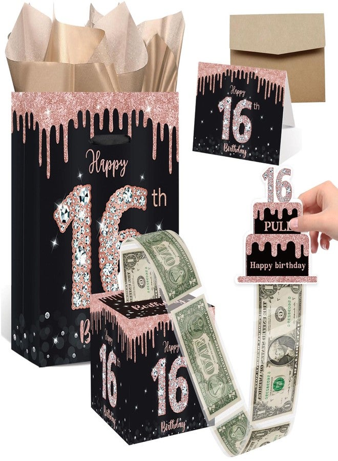GOLDCROW Sweet 16 Gifts for Girls - 16th Birthday Money Box for Cash Gifts 16th Birthday Gift Bag with Tissue Paper and Greeting Card Set - Rose Gold Sweet 16 Party Decorations - Image 1